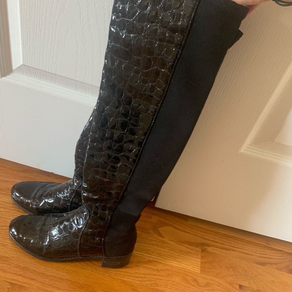 Stuart weitzman crocodile patent leather boots.
